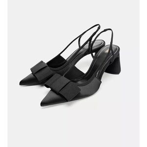 Zara Black Slingback Pointed-Toe Pumps with Bow